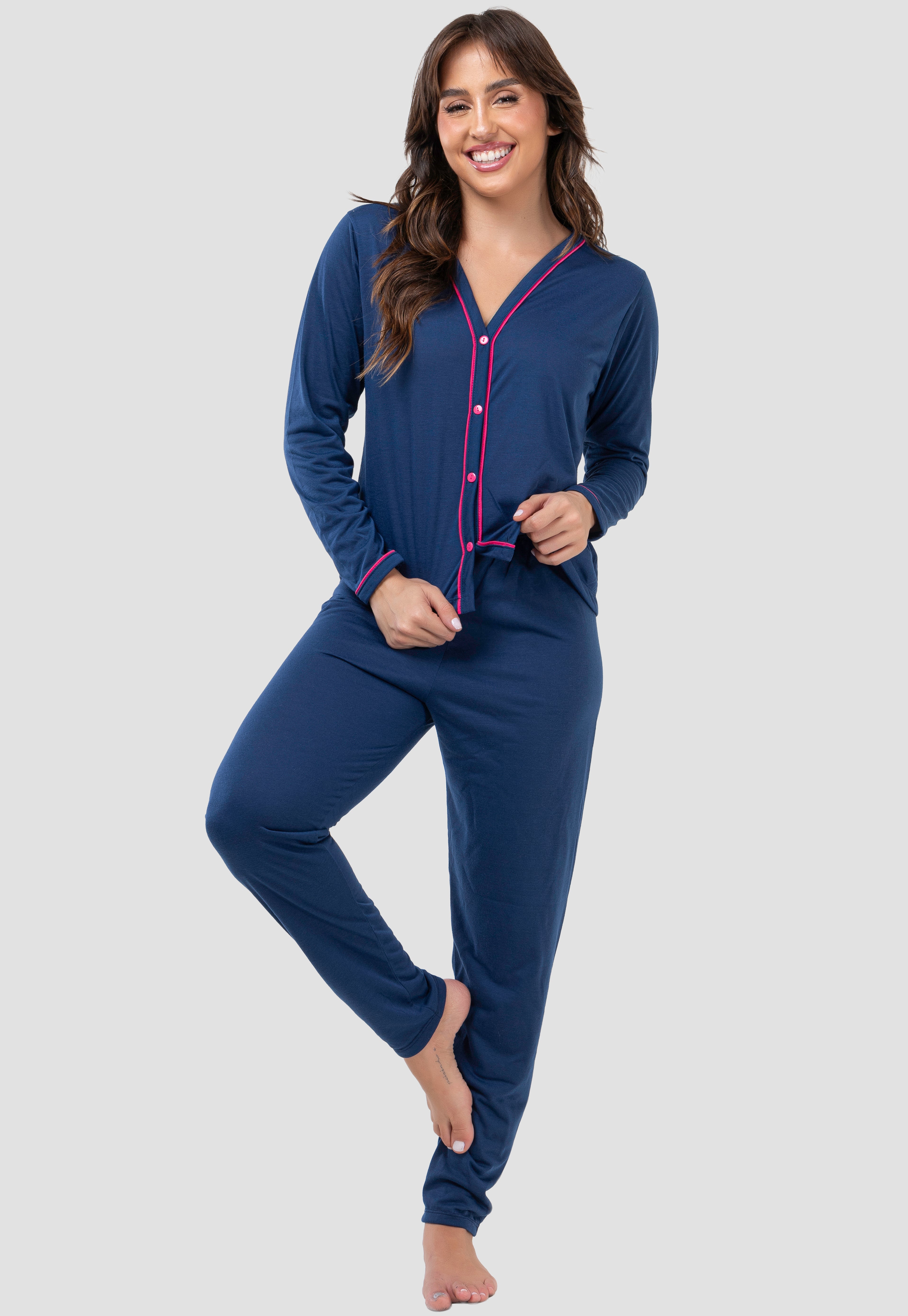 Pijama Longo Americano Azul Marinho 046