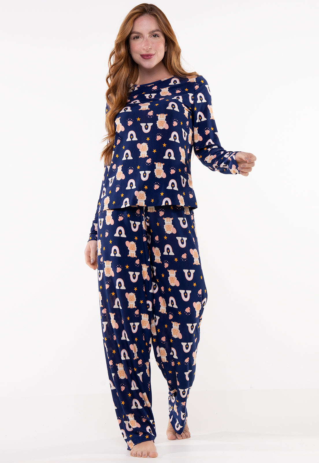 Pijama Feminino Estampado Liganete Adulto Longo Inverno Frio Conforto Azul 197