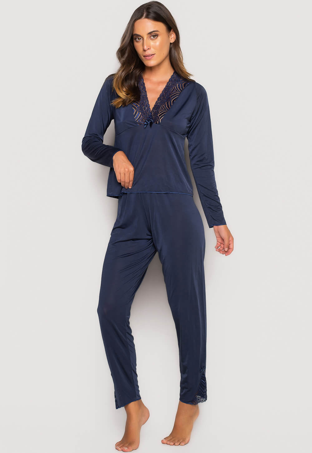 Pijama Longo Com Renda Azul Marinho 015