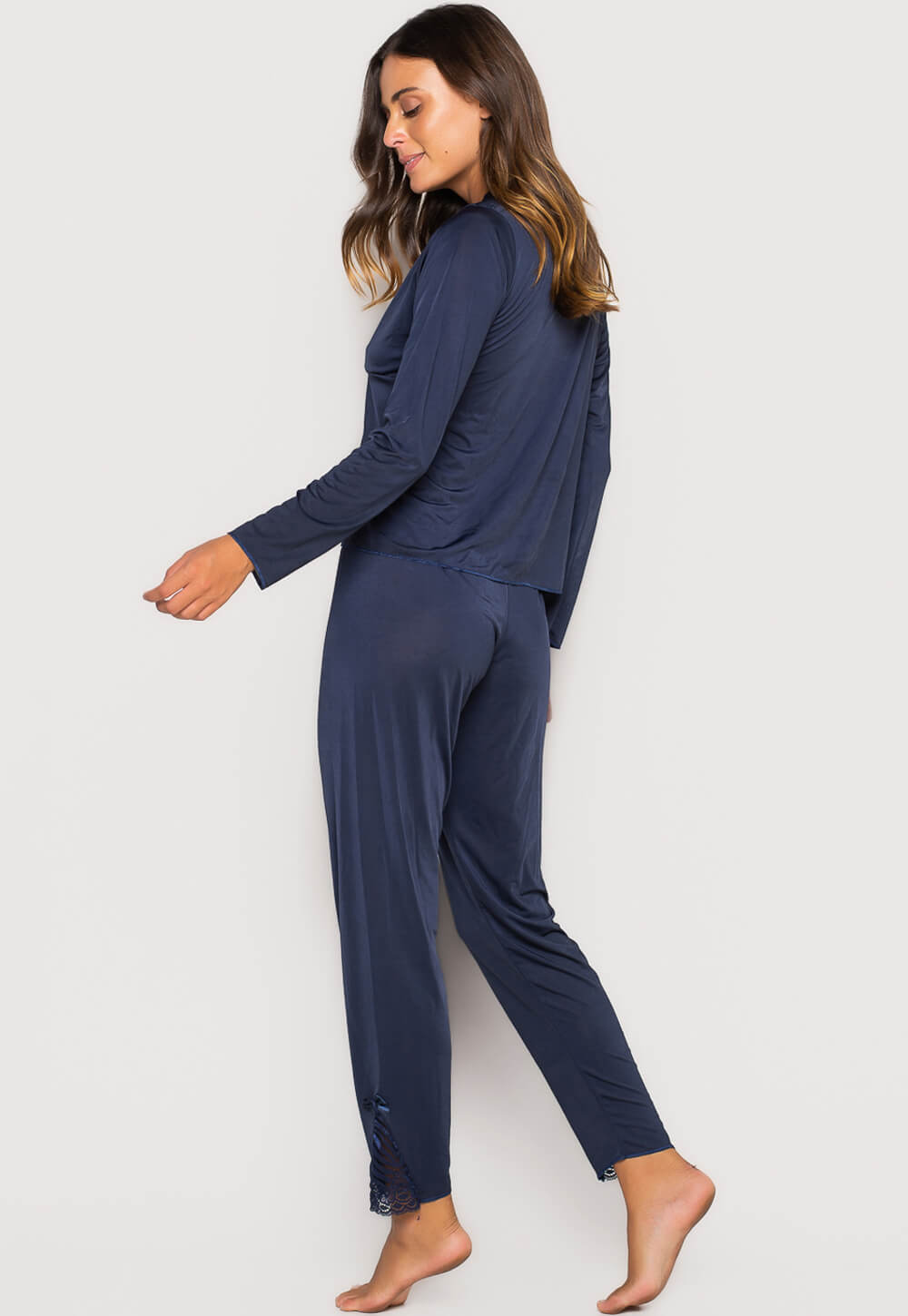 Pijama Longo Com Renda Azul Marinho 015