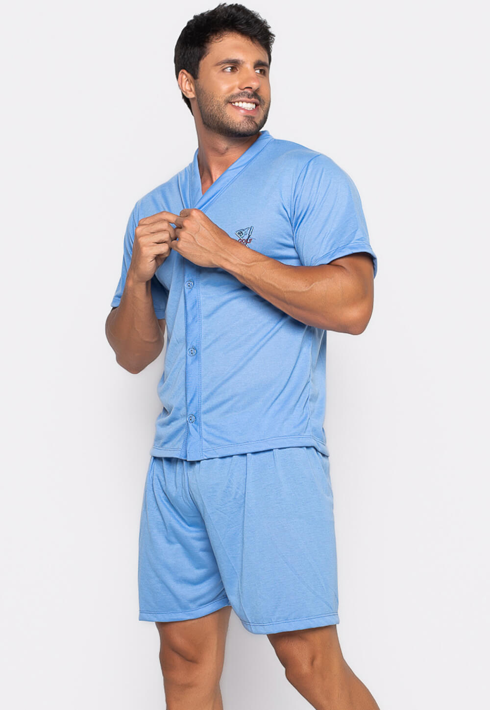 Pijama Masculino Curto Botões Azul Claro 011