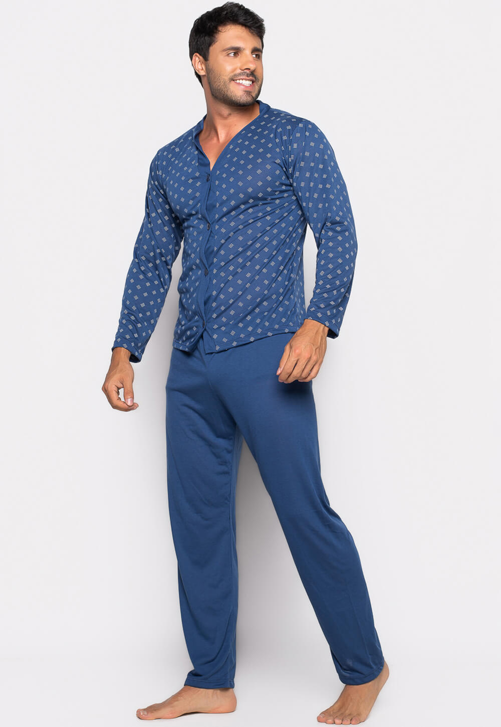 Pijama Masculino Longo Botões Azul Marinho 208